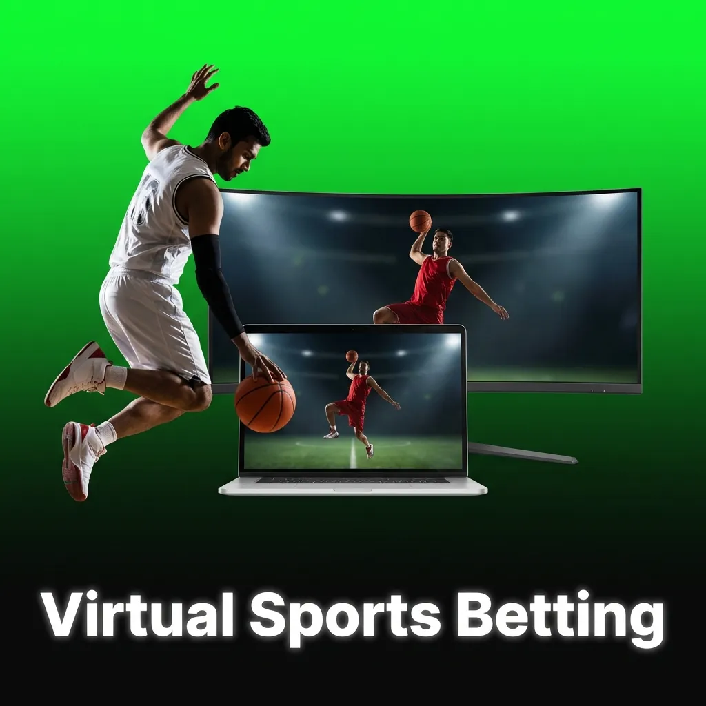 Virtual sports betting interface showing simulated football, tennis, horse racing with 3D graphics and instant results