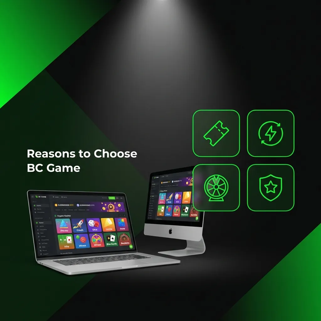 BC Game platform features showing sports betting, crypto payments, casino games, and mobile app interface